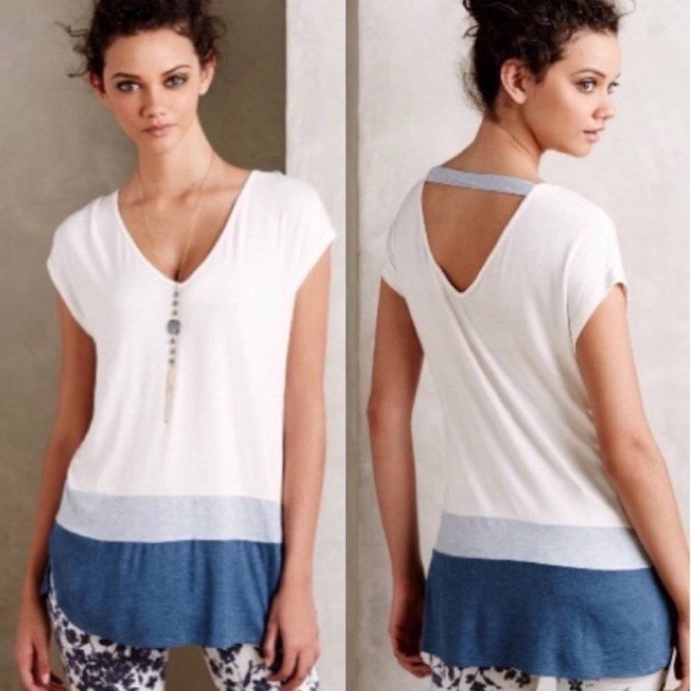 Anthropologie Bordeaux Luma Colorblock Blue White Tunic Top Size XS Stretch Boho